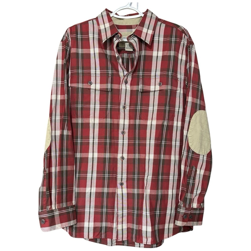 L.L. Bean Flannel Button Down Shirt Elbow Patches Plaid Medium Fall Outdoors